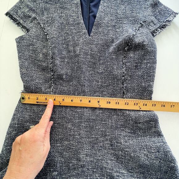 J. McLaughlin Zinnia Tweed Fit & Flare Dress Sz 4 Fringe Accent Navy White - Picture 11 of 13